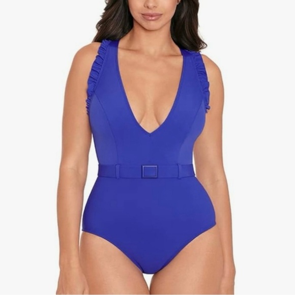 Skinny Dippers solid blue cinch ruffle sleeve one piece swimsuit - Size M - Picture 2 of 7